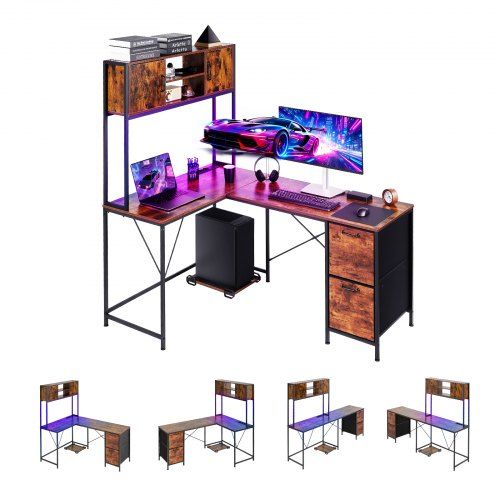 Omkeerbaar L‑vormig gaming‑ en thuiswerkbureau met RGB‑verlichting en geïntegreerde aansluitingen